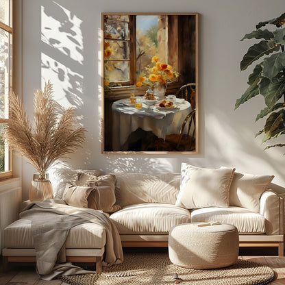 Embrace the warmth of a sunlit morning with this captivating artwork, featuring a serene table for Sitting Area