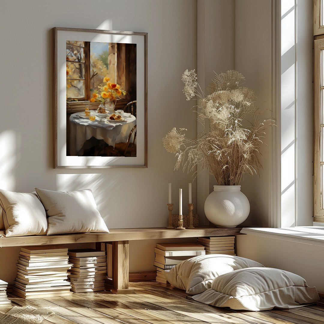 Embrace the warmth of a sunlit morning with this captivating artwork, featuring a serene table for space