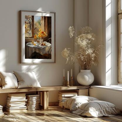 Embrace the warmth of a sunlit morning with this captivating artwork, featuring a serene table for space