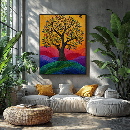 This vibrant mosaic artwork captures a radiant tree of life basked in the warm glow of the sun. Its for Balcony