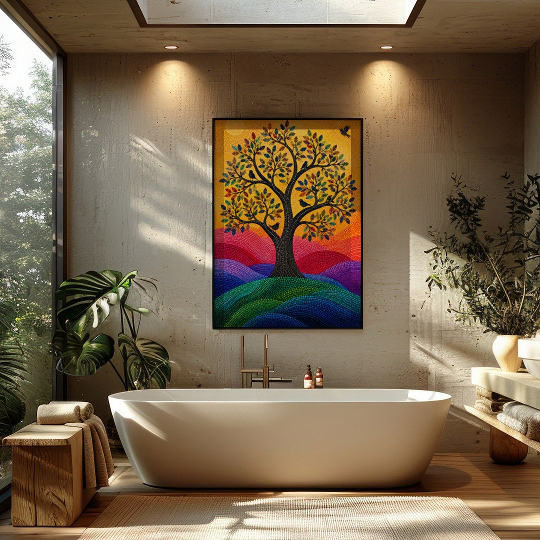 This vibrant mosaic artwork captures a radiant tree of life basked in the warm glow of the sun. Its for Bathroom