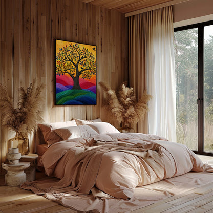 This vibrant mosaic artwork captures a radiant tree of life basked in the warm glow of the sun. Its for Bedroom
