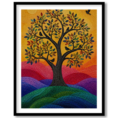 This vibrant mosaic artwork captures a radiant tree of life basked in the warm glow of the sun. Its for decor