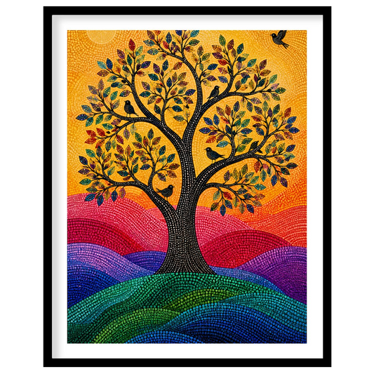 This vibrant mosaic artwork captures a radiant tree of life basked in the warm glow of the sun. Its for decor
