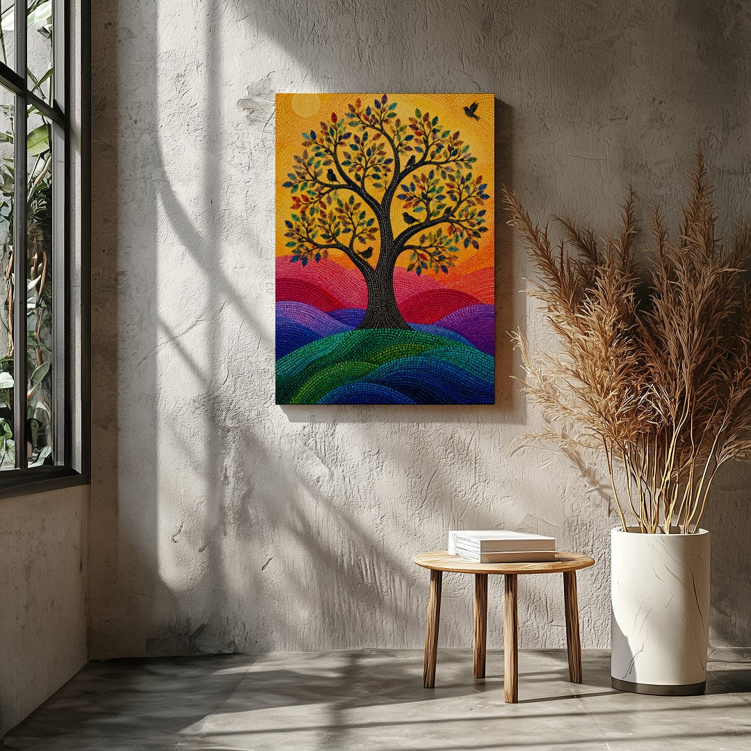 This vibrant mosaic artwork captures a radiant tree of life basked in the warm glow of the sun. Its for Entrance