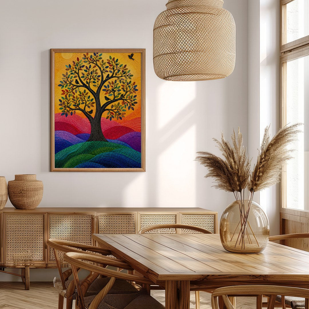 This vibrant mosaic artwork captures a radiant tree of life basked in the warm glow of the sun. Its for Extra Kitchen