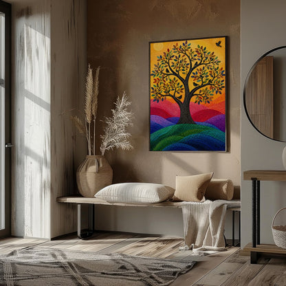 This vibrant mosaic artwork captures a radiant tree of life basked in the warm glow of the sun. Its for gallery