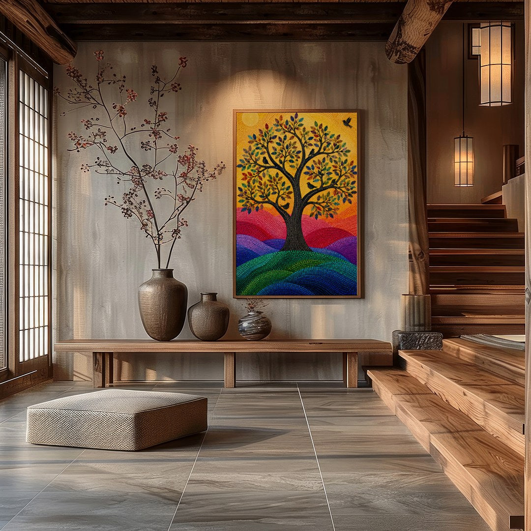 This vibrant mosaic artwork captures a radiant tree of life basked in the warm glow of the sun. Its for Hall