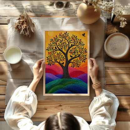 This vibrant mosaic artwork captures a radiant tree of life basked in the warm glow of the sun. Its for Kitchen