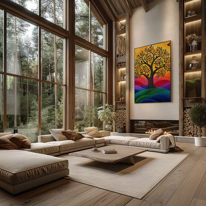 This vibrant mosaic artwork captures a radiant tree of life basked in the warm glow of the sun. Its for Living Room