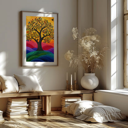 This vibrant mosaic artwork captures a radiant tree of life basked in the warm glow of the sun. Its for office