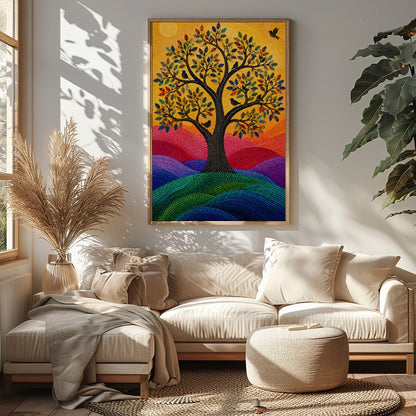 This vibrant mosaic artwork captures a radiant tree of life basked in the warm glow of the sun. Its for Sitting Area
