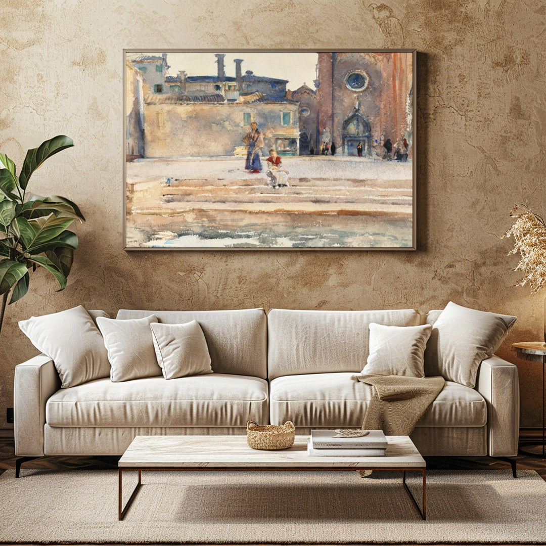 Immerse yourself in the serene elegance of 'Sunlit Piazza Watercolor Wanderlust,' capturing the for Family Room