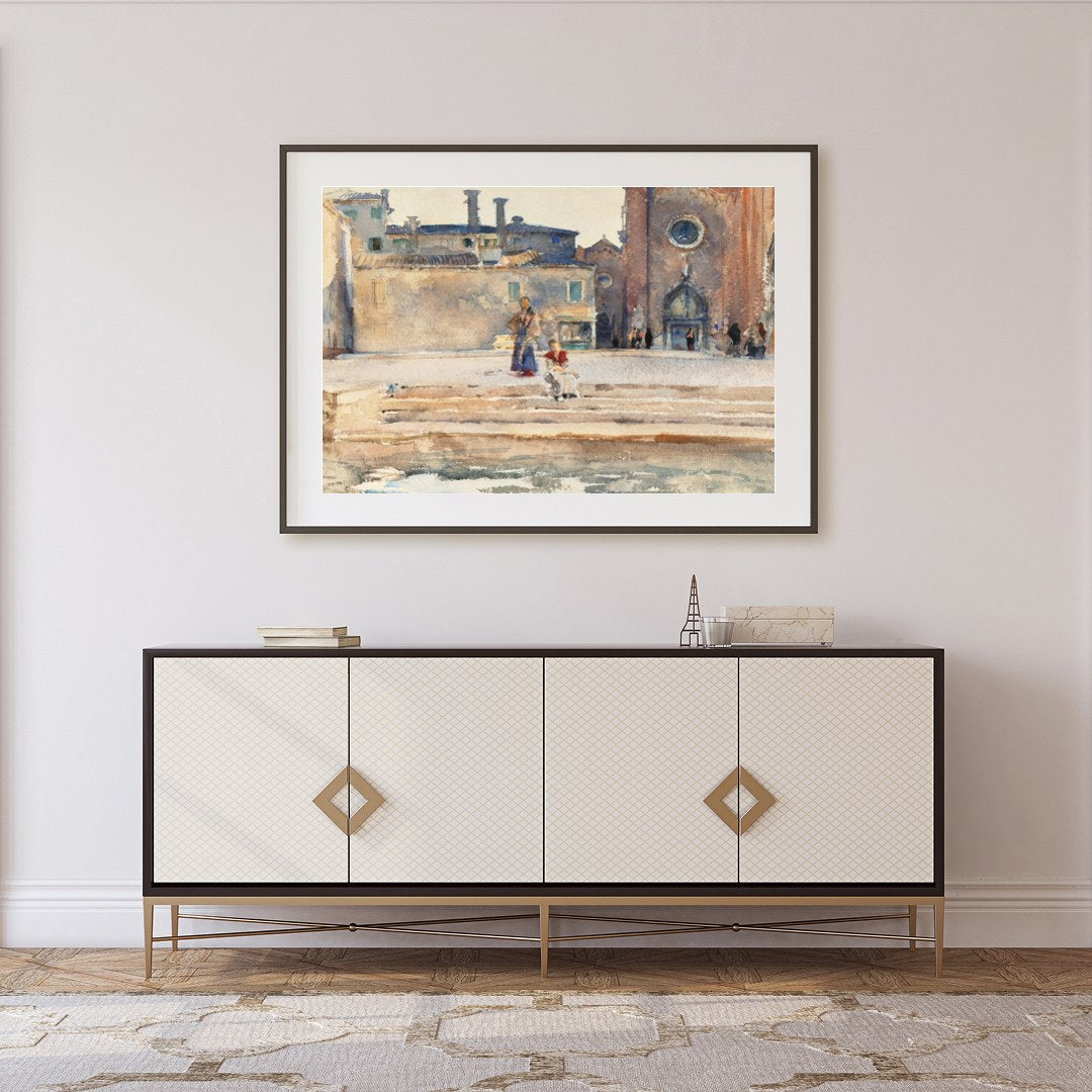 Immerse yourself in the serene elegance of 'Sunlit Piazza Watercolor Wanderlust,' capturing the for Foyer