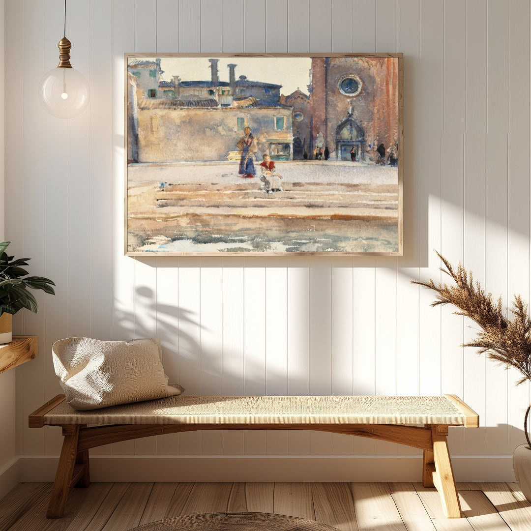 Immerse yourself in the serene elegance of 'Sunlit Piazza Watercolor Wanderlust,' capturing the for Hallway