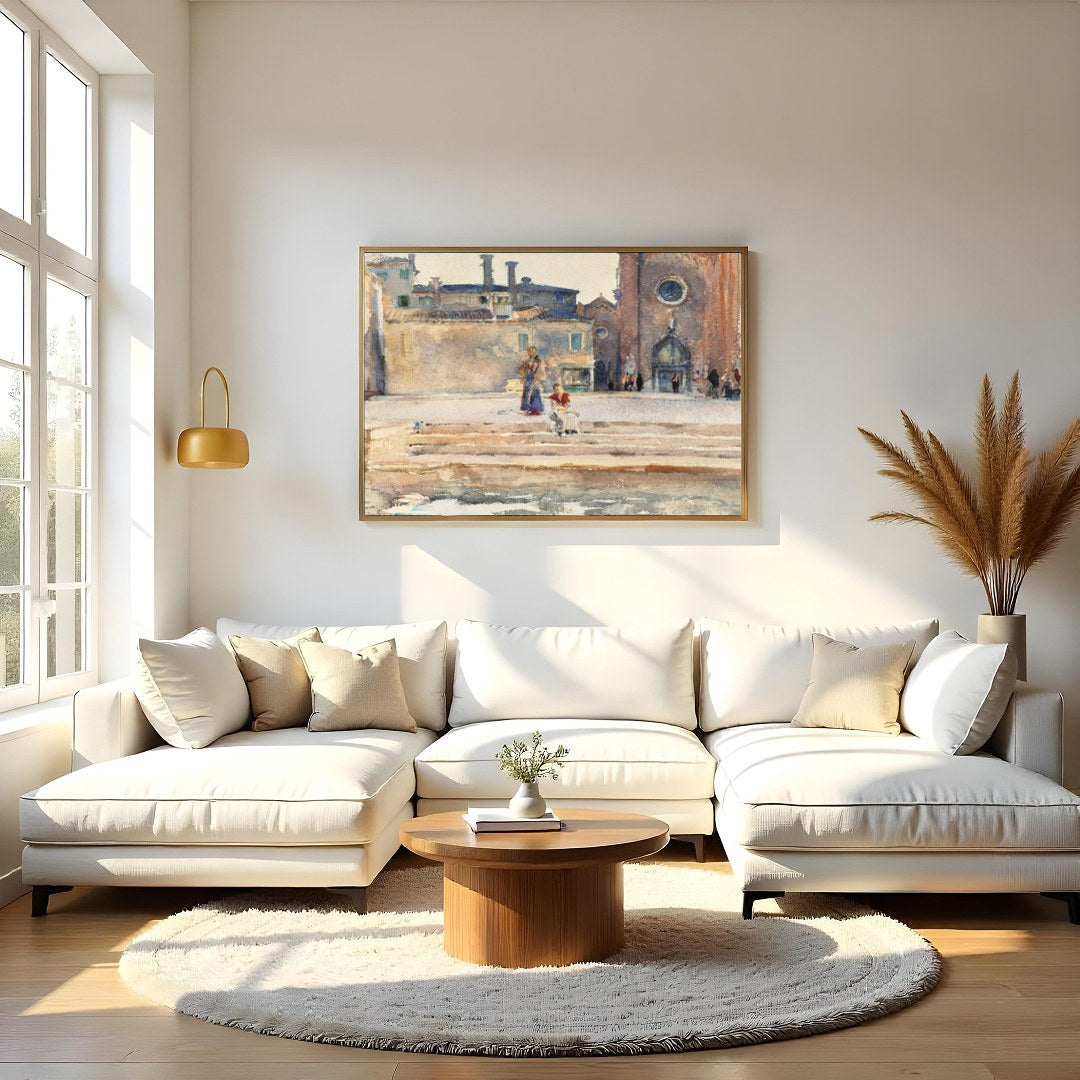Immerse yourself in the serene elegance of 'Sunlit Piazza Watercolor Wanderlust,' capturing the for Living Room