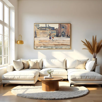 Immerse yourself in the serene elegance of 'Sunlit Piazza Watercolor Wanderlust,' capturing the for Living Room