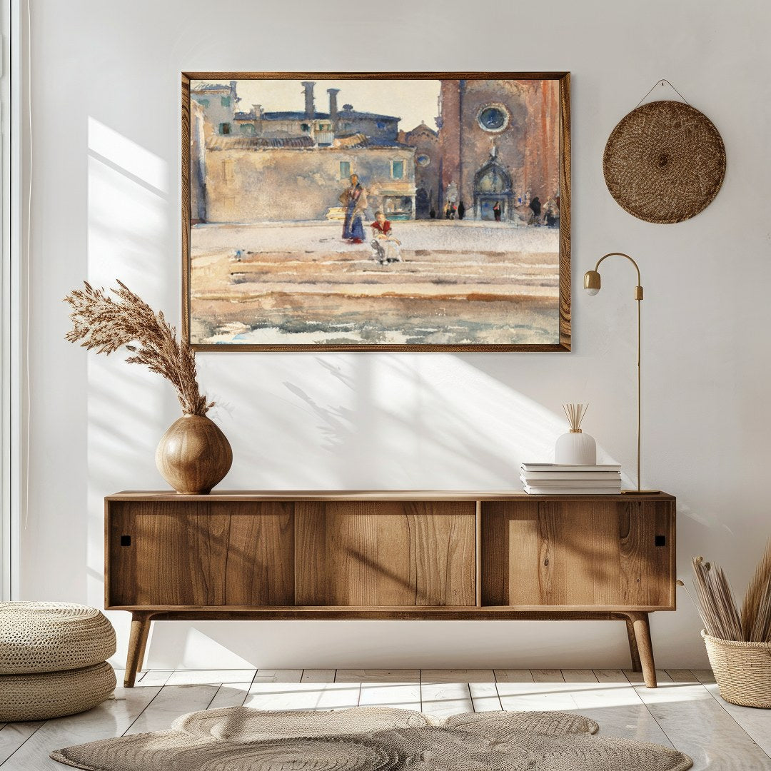 Immerse yourself in the serene elegance of 'Sunlit Piazza Watercolor Wanderlust,' capturing the for Sitting Area