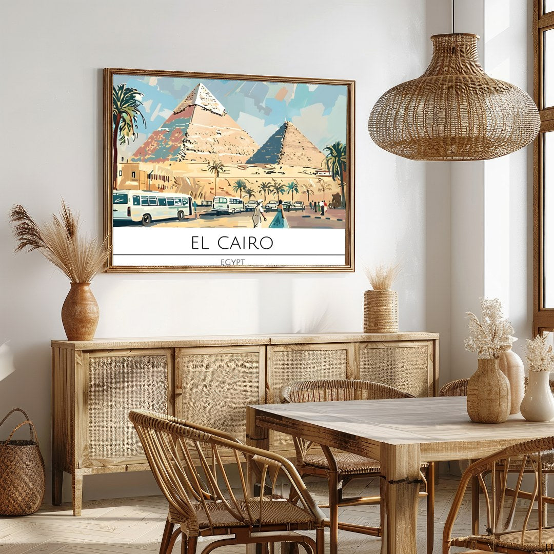 Discover the allure of Egypt with this vibrant depiction of the pyramids under a radiant sky. for Dining