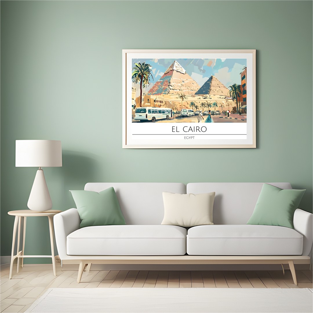 Discover the allure of Egypt with this vibrant depiction of the pyramids under a radiant sky. for Hall