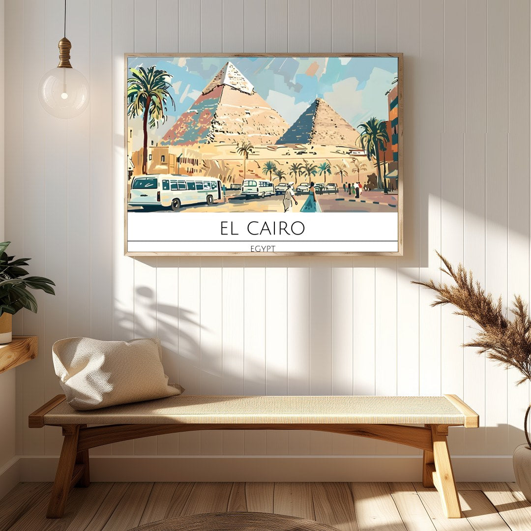 Discover the allure of Egypt with this vibrant depiction of the pyramids under a radiant sky. for Hallway