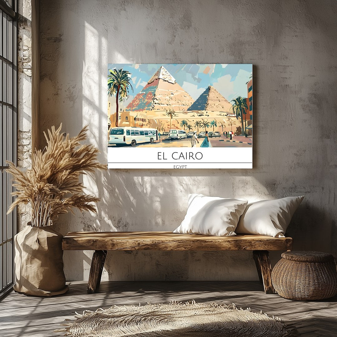 Discover the allure of Egypt with this vibrant depiction of the pyramids under a radiant sky. for Veranda