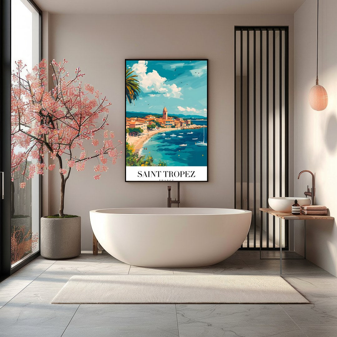 Experience the charm of Saint Tropez with this vibrant piece capturing the lively harbor and for Bathroom