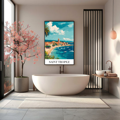 Experience the charm of Saint Tropez with this vibrant piece capturing the lively harbor and for Bathroom
