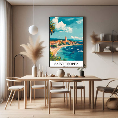 Experience the charm of Saint Tropez with this vibrant piece capturing the lively harbor and for Dining