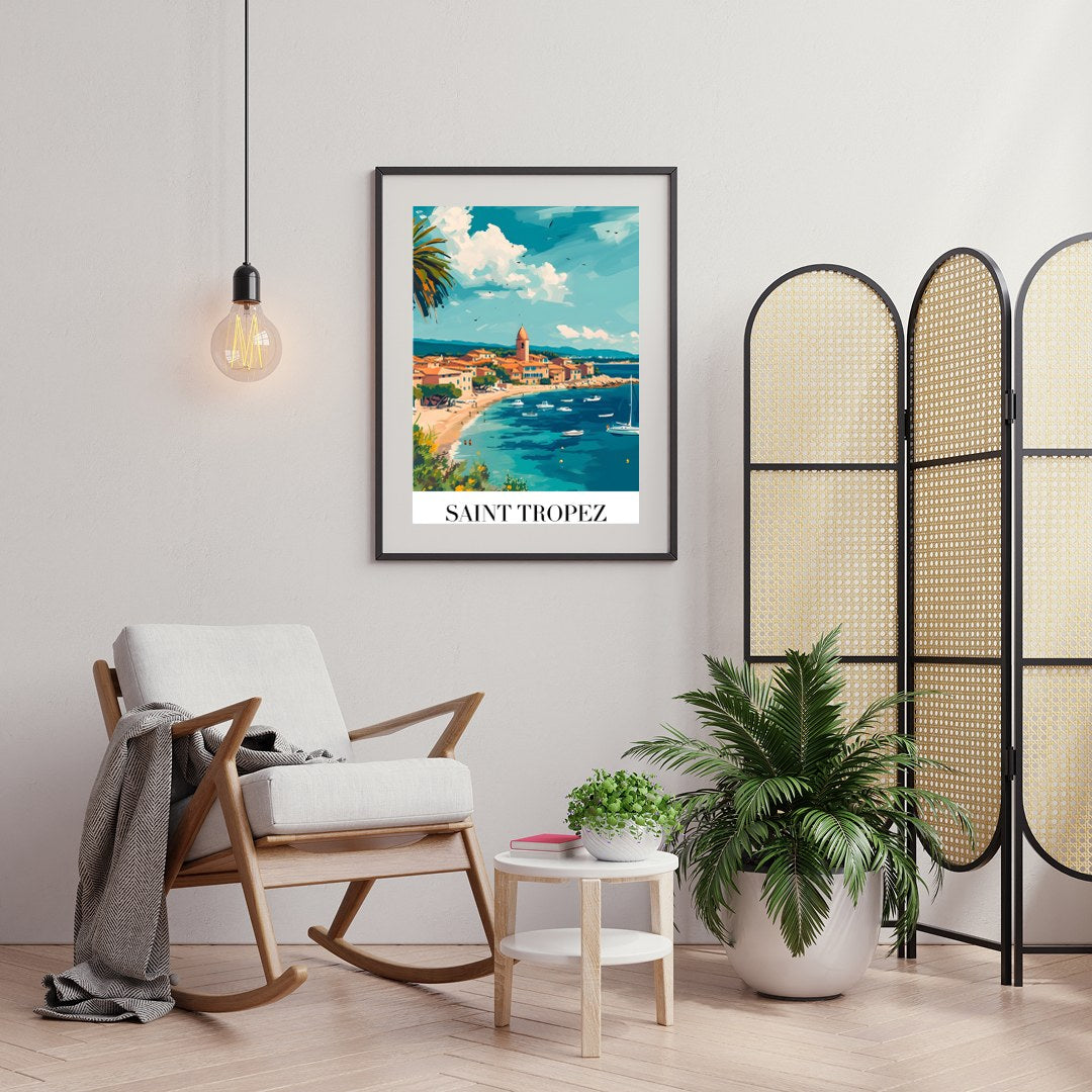 Experience the charm of Saint Tropez with this vibrant piece capturing the lively harbor and for Foyer