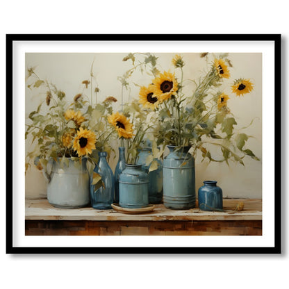 This exquisite artwork captures the tranquil beauty of sunflowers in a rustic setting. The artist's for decor
