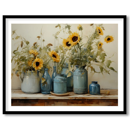 This exquisite artwork captures the tranquil beauty of sunflowers in a rustic setting. The artist's for decor