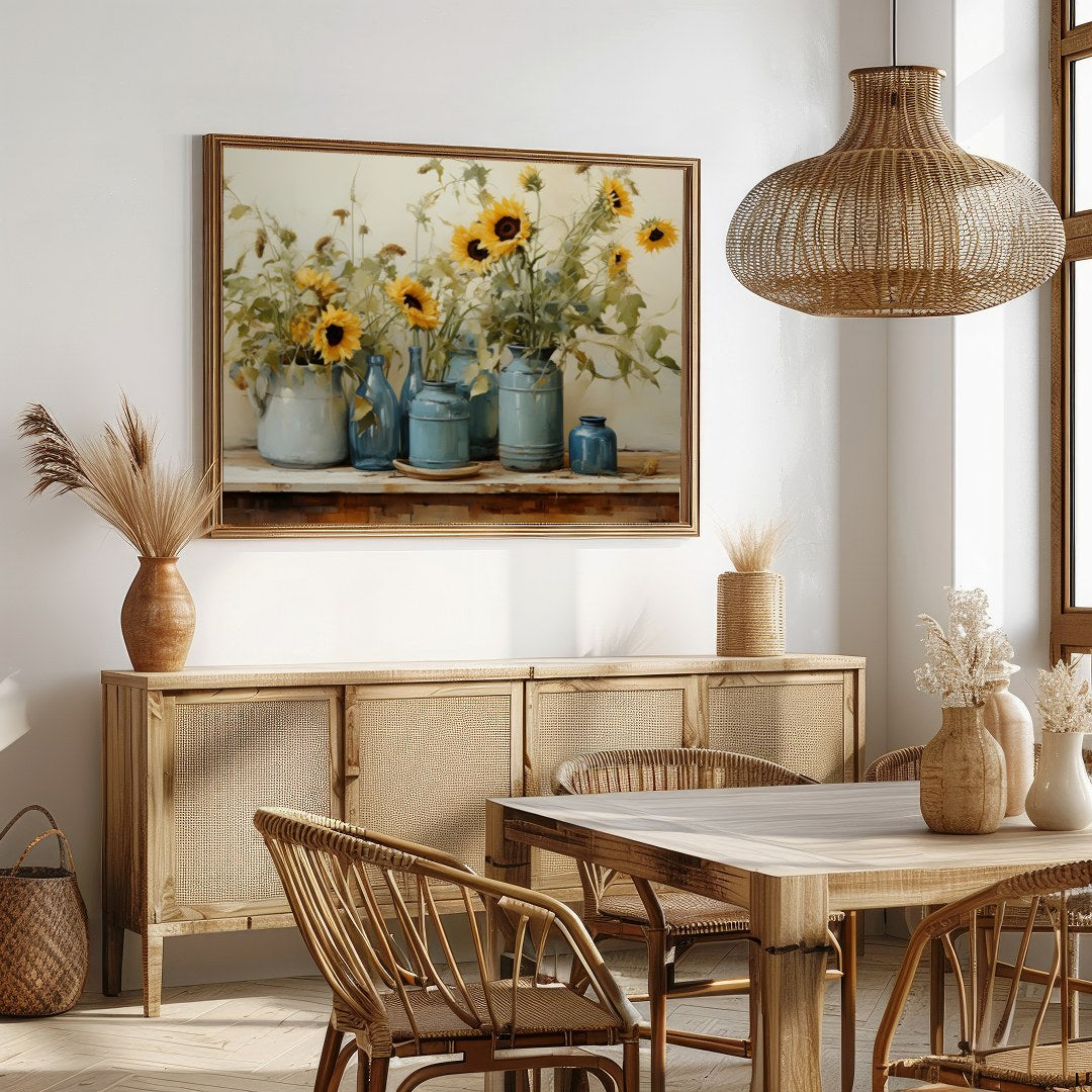 This exquisite artwork captures the tranquil beauty of sunflowers in a rustic setting. The artist's for Dining