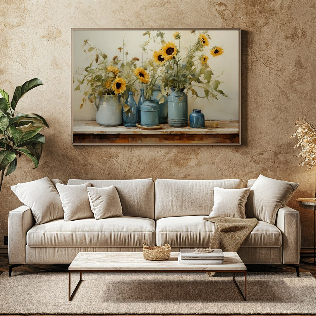 This exquisite artwork captures the tranquil beauty of sunflowers in a rustic setting. The artist's for Family Room