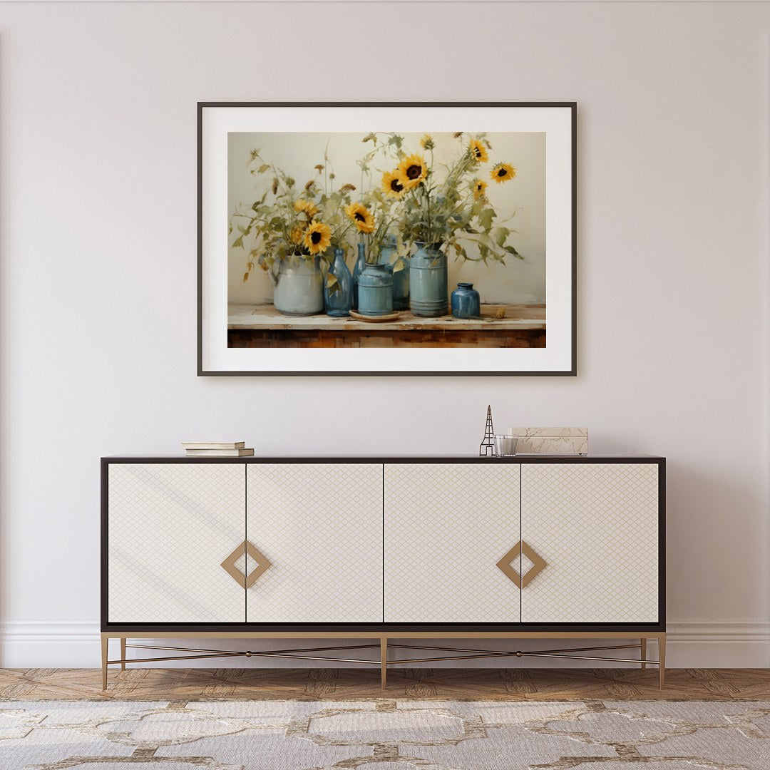 This exquisite artwork captures the tranquil beauty of sunflowers in a rustic setting. The artist's for Foyer