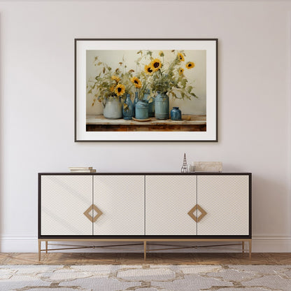 This exquisite artwork captures the tranquil beauty of sunflowers in a rustic setting. The artist's for Foyer