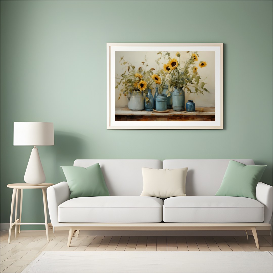 This exquisite artwork captures the tranquil beauty of sunflowers in a rustic setting. The artist's for Hall