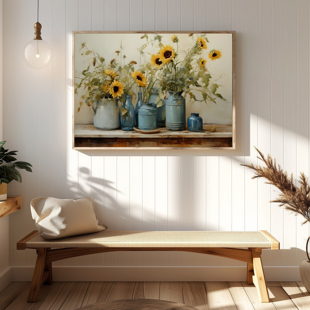 This exquisite artwork captures the tranquil beauty of sunflowers in a rustic setting. The artist's for Hallway