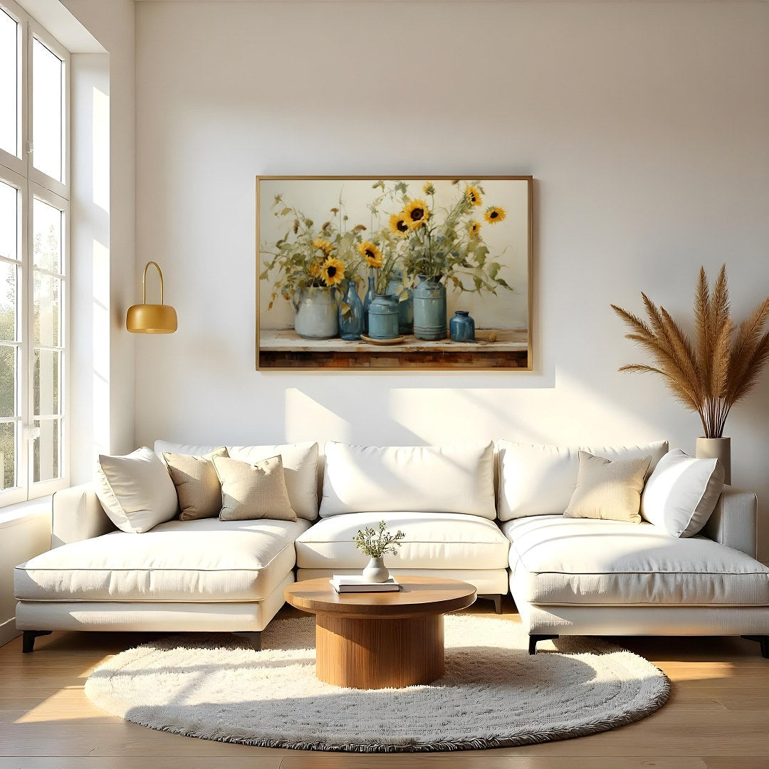 This exquisite artwork captures the tranquil beauty of sunflowers in a rustic setting. The artist's for Living Room