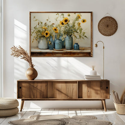 This exquisite artwork captures the tranquil beauty of sunflowers in a rustic setting. The artist's for Sitting Area