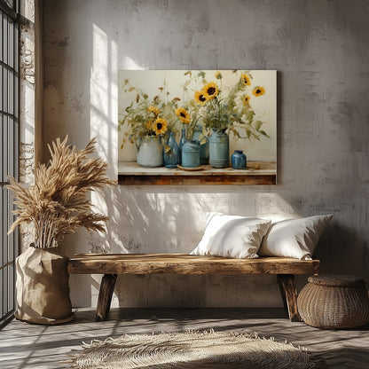This exquisite artwork captures the tranquil beauty of sunflowers in a rustic setting. The artist's for Veranda