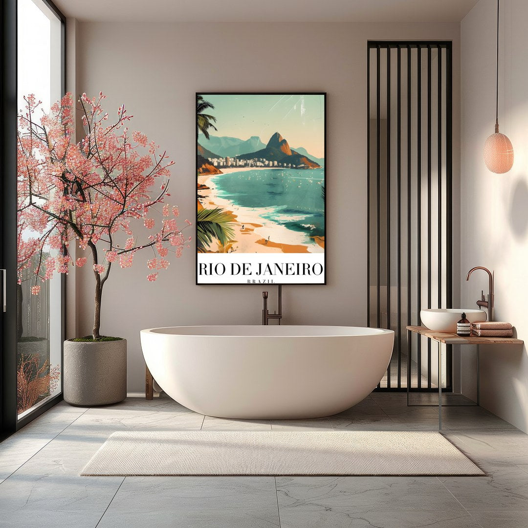 Capture the vibrant energy of Brazil with 'Sunlit Shores of Rio De Janeiro.' This artwork for Bathroom