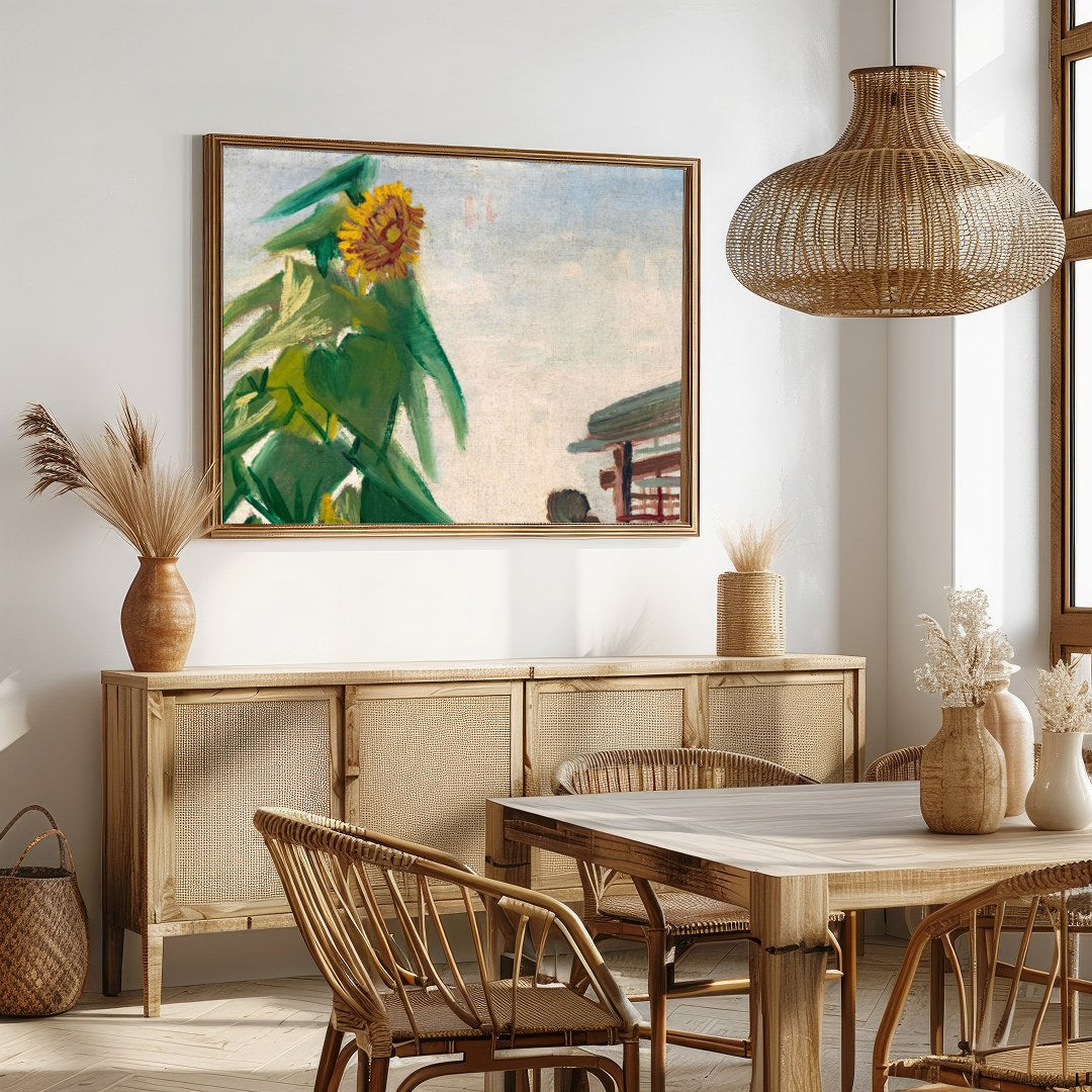 This vibrant piece captures the essence of a towering sunflower bathed in sunlight, set against a for Dining