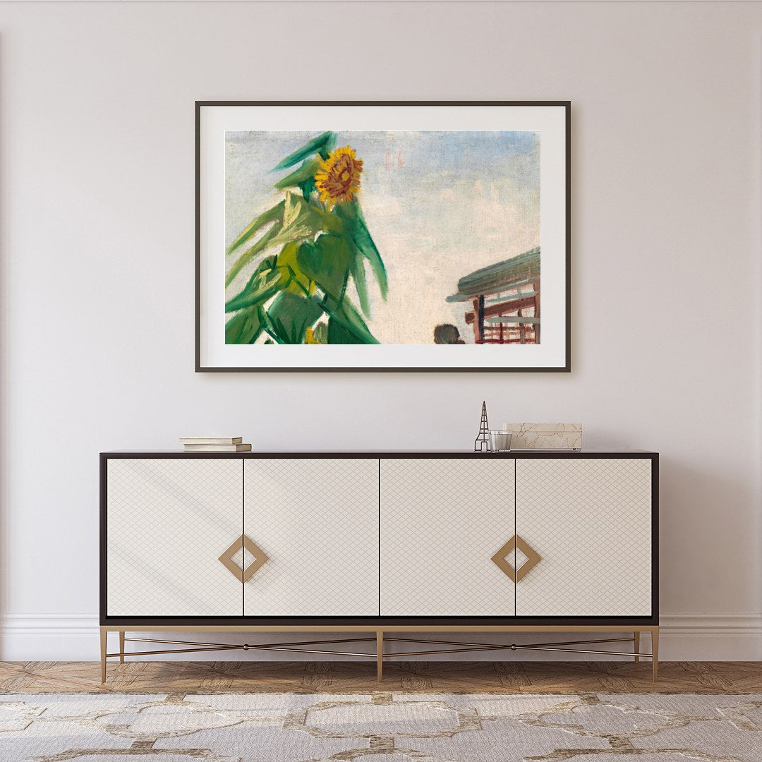 This vibrant piece captures the essence of a towering sunflower bathed in sunlight, set against a for Foyer