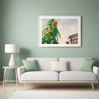 This vibrant piece captures the essence of a towering sunflower bathed in sunlight, set against a for Hall
