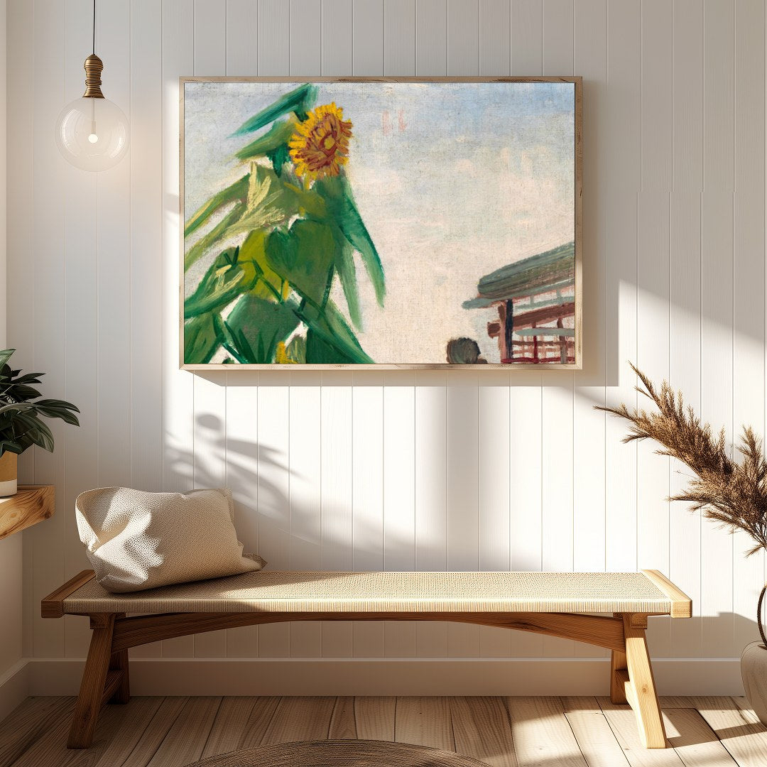 This vibrant piece captures the essence of a towering sunflower bathed in sunlight, set against a for Hallway