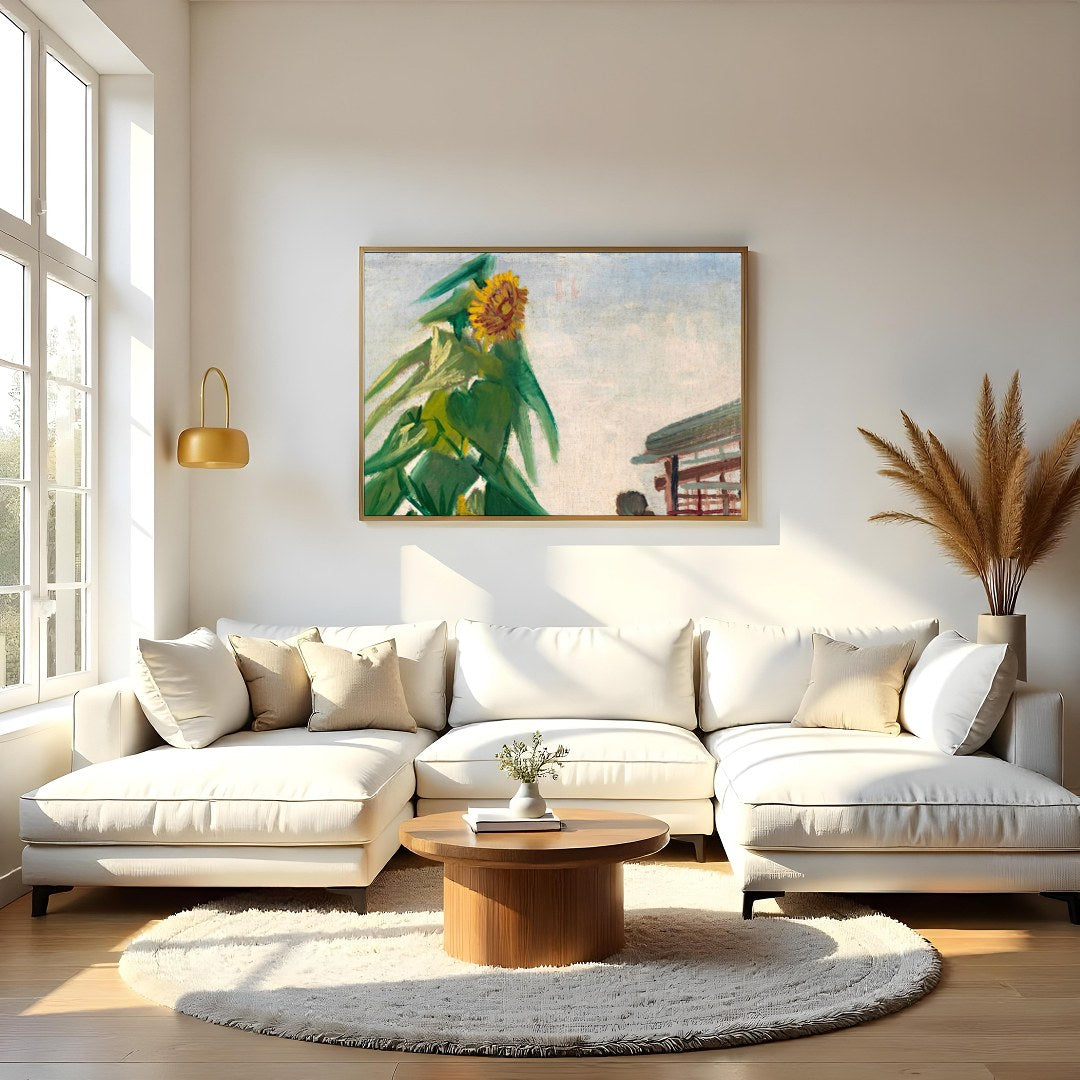 This vibrant piece captures the essence of a towering sunflower bathed in sunlight, set against a for Living Room