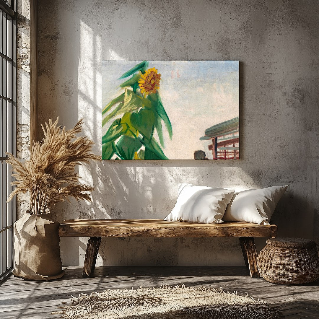 This vibrant piece captures the essence of a towering sunflower bathed in sunlight, set against a for Veranda