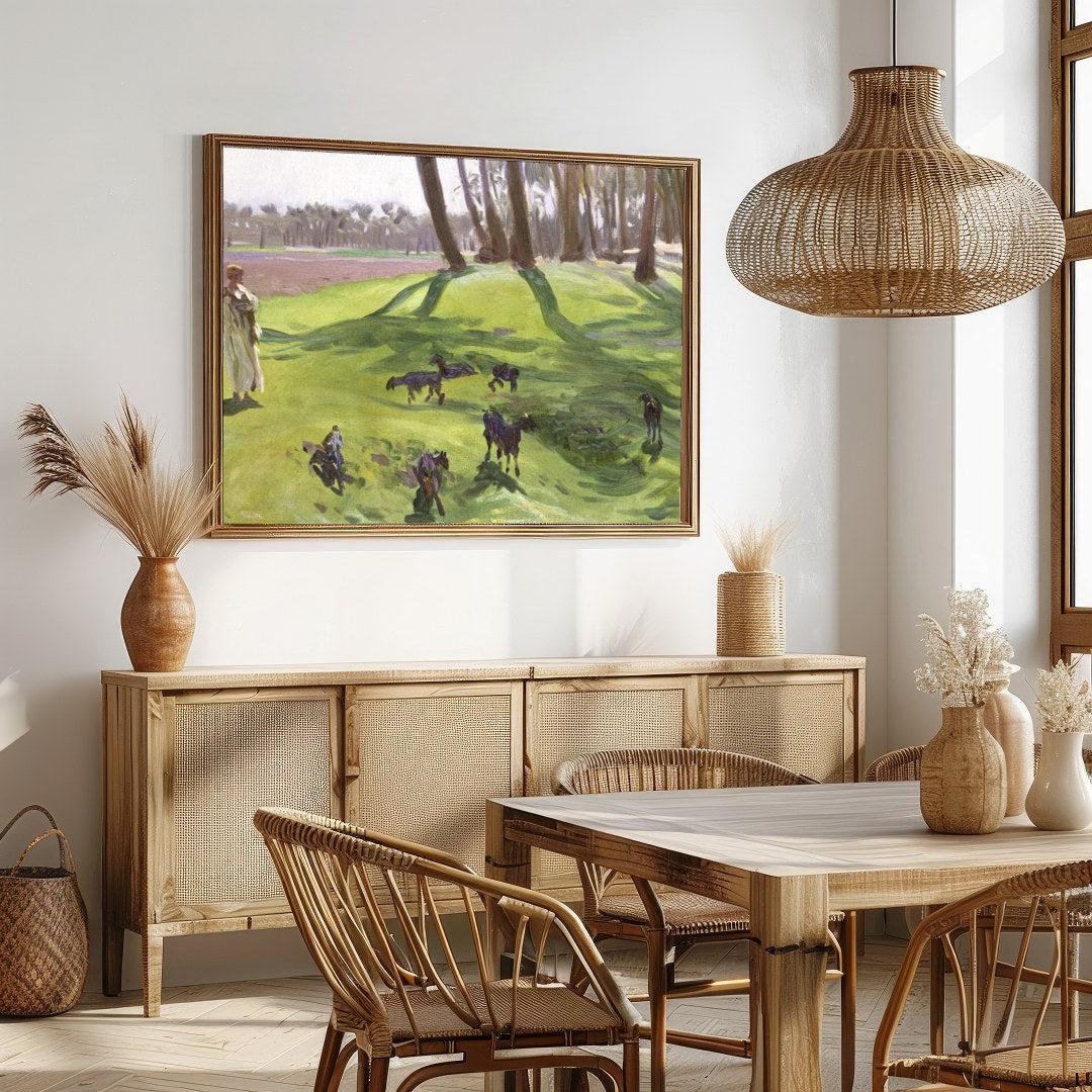 This captivating artwork captures a tranquil moment in a sun-drenched forest clearing. The distinct for Dining