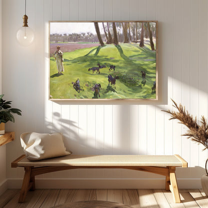 This captivating artwork captures a tranquil moment in a sun-drenched forest clearing. The distinct for Hallway
